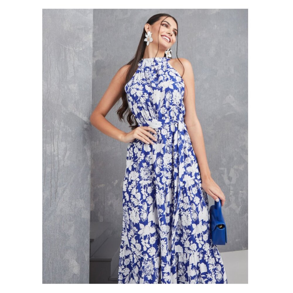 Calvin Klein White Blue Floral Chiffon Mock Neck Belted Maxi Dress ~size 6